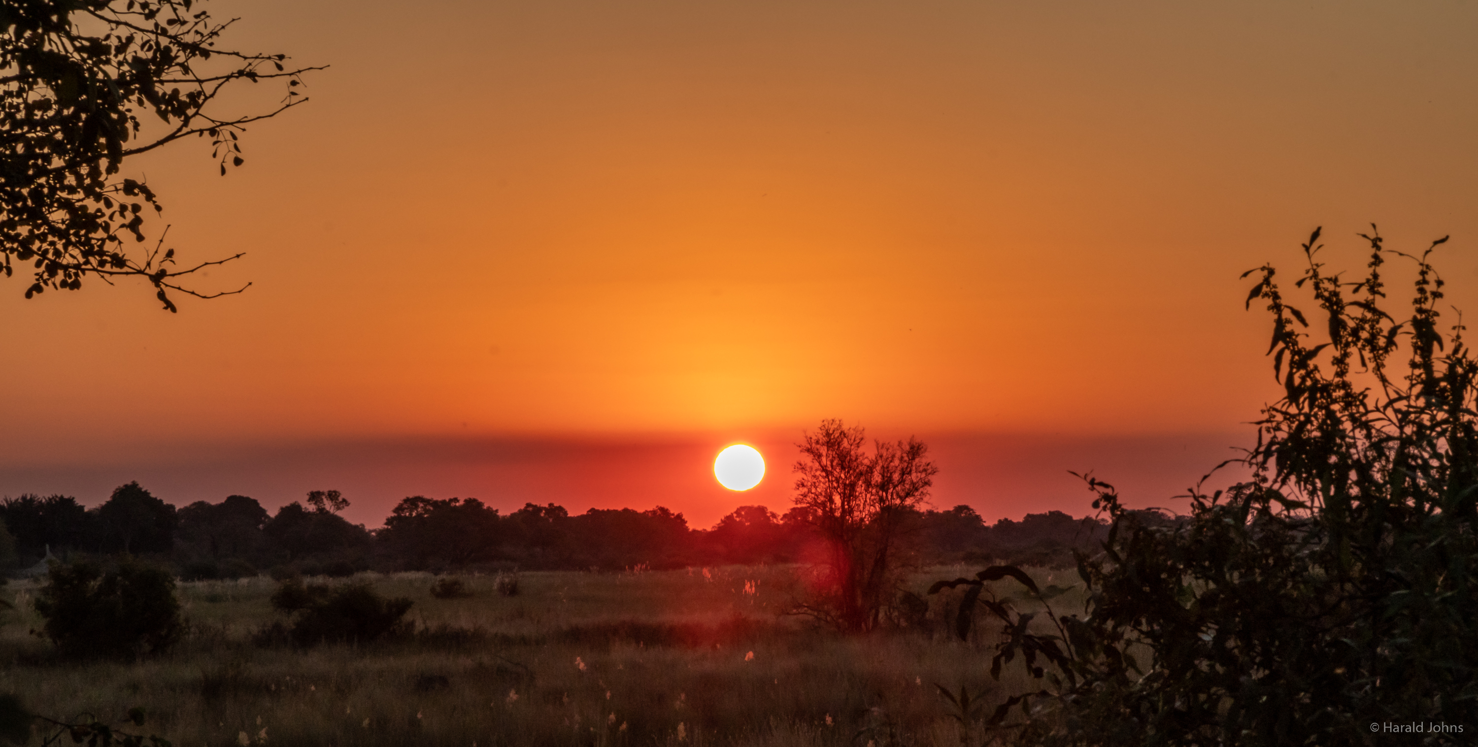 Sonnenuntergang mit kräftigen Farben am Kwando River
